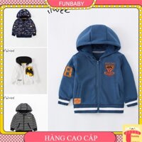 Áo khoác cho bé trai 1-7 tuổi thêu logo hãng MALWEE kéo khóa có mũ vải nỉ da cá cao cấp