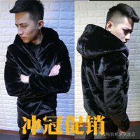 Áo khoác chồn Lông thú giả Áo khoác nam mùa đông Áo khoác lông chồn có mũ trùm đầu xã hội Tinh thần người chồn Lông dày Áo khoác Cotton