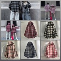 Áo Khoác Chồng Nắng  Dạ Unisex Nam Nữ Mũ 2 lớp Form Rộng Áo Khoác Nắng Kẻ Caro Nam Nữ