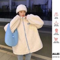Áo khoác cổ cao lông cừu pichi màu trắng, dáng rộng logo thêu nổi nhiều màu basic form rộng ALLES – TD42