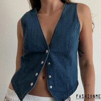 Áo khoác cổ chữ V cổ chữ V không tay Fashionme-Nữ Áo khoác mỏng cổ điển Jean