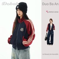 Áo khoác cổ điển Mỹ, áo cardigan dây kéo, áo cổ đứng, sọc, mỏng, đa năng, preppy, hot girl