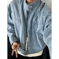 Áo khoác công sở cổ đứng màu xanh Áo Khoác Nam Áo khoác Denim dáng ngắn cổ điển kiểu Mỹ mùa xuân thu