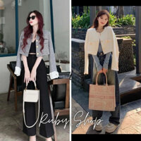 Áo khoác dạ 2 lớp cổ tròn cúc tay, Áo khoác dạ cổ viền phối tay trắng phong cách