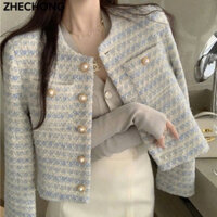 Áo khoác dạ 2 lớp , màu xanh đính cúc ngọc sang chảnh