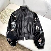 Áo khoác da Axetat phối ghép da cừu nhân tạo thêu giả áo khoác rộng rãi 2024 cổ đứng áo khoác mẫu ngắn nữ