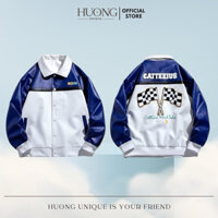 Áo khoác da bomber jacket varisity nam nữ hoạ tiết thêu lá cờ sọc caro sau lưng phong cách unisex bóng chày