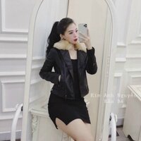 Áo khoác da cổ lông,áo khoác nữ dài tay đen siêu ấm cho mùa đông