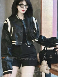 Áo khoác da croptop phối viền vai trắng teddy cá tính dễ mặc
