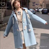 Áo khoác dạ dáng rộng khuy sừng bò áo khoác dáng dài vừa có Mũ dày dặn Kiểu Nhật thu đông thân hình nhỏ phong cách học đường lót bông