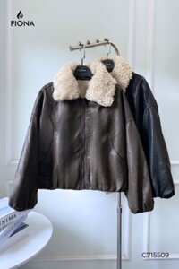 Áo khoác da dáng suông, cổ rời phối lông, lót lông
