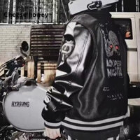 Áo khoác da đen unisex in hình cổ điển của bóng chày USA