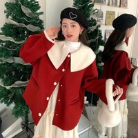 Áo Khoác Dạ Đỏ Cổ Bèo Nữ Thu Đông Diện Noel Tết Có Bigsize Hàn Quốc