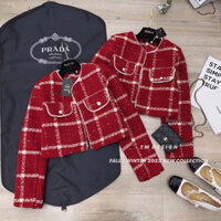 Áo khoác dạ đỏ nữ khoác Thu Đông chất dạ Tweed hai nắp túi cổ tàu