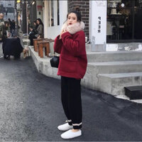 Áo khoác dạ đỏ túi hộp phối cổ lông trắng hàng QC