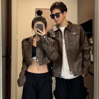Áo khoác da đôi nam nữ croptop đẹp dành cho cặp đôi màu nâu chất vải da dày dặn hai lớp hàng Quảng Châu C134