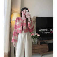 Áo khoác dạ kẻ caro hồng nắp túi hàng 2 lớp khuy tay siêu xinh