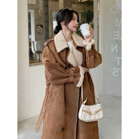 Áo khoác da lộn dáng dài dáng ngắn lót lông cừu YIMI màu nâu thời trang