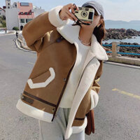 Áo Khoác Da Lộn Lót Lông Cừu Nhân Tạo Thời Trang Thu Đông Cho Nữ Phong Cách Hàn Quốc