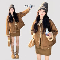 Áo khoác da lộn lót lông nữ cổ bẻ ấm áp mùa đông Yannie