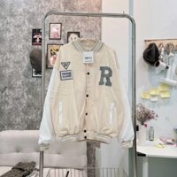 Áo Khoác Da Lộn Nam Nữ Phối Nút Bấm Thêu Chữ R