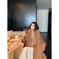 Áo khoác dạ lông cừu cổ lông hồ ly, nguyên chất 100%