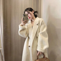 Áo Khoác Dạ Lông Cừu Hai Mặt Lót Trong Áo Khoác Dạ Dày Dày Dặn Quá Đầu Gối Thu Đông Mẫu Dài Vừa Cho Nữ