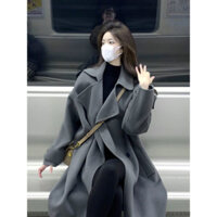 Áo khoác dạ màu xám nữ áo khoác len mẫu mới thu đông 2024 cao cấp phong cách Hepburn Hàn Quốc dày dặn