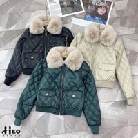 Áo khoác da mềm trần trám cổ lông thỏ