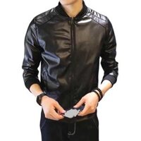 Áo Khoác Da Nam Có 3 Sọc Màu Đen Bóng 2 Lớp Lót Dù - Áo khoác Nam Nữ Thu Đông Jacket Menswear aodanam aokhoac nam Có Cổ