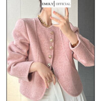 Áo khoác dạ nữ dáng ngắn cổ tròn dài tay cách điệu màu hồng sang chảnh phong cách Hàn Quốc - 300