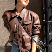 Áo khoác da nữ ngắn Áo khoác da xe máy mùa xuân thu cổ điển