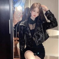 Áo Khoác Da Nữ Phong Cách Gợi Cảm Thiết Kế Độc Đáo Áo Khoác Moto PU Da Lấp Lánh Sequin Cổ Vest Cao Cấp