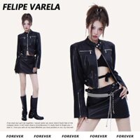 Áo Khoác Da Nữ Phong Cách Mỹ Retro Màu Đen PU Mùa Xuân 2025 Mới Phong Cách Gợi Cảm Street Vibe Áo Khoác Moto