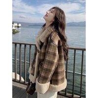 Áo khoác dạ nữ siêu đẹp Mùa Đông Áo sơ mi kẻ sọc ren giữ ấm mẫu mới 2024 Áo khoác dạ lông cừu