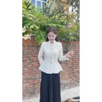 Áo khoác Dạ nữ thiết kế Cổ Đức dáng peplum hai lớp có đệm cầu vai họa tiết cúc vàng nổi bật