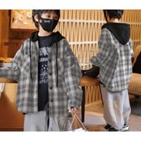Áo khoác dạ phối kẻ có mũ cho bé trai , áo khoác nỉ dáng thụng có mũ phong cách hàn quốc _T64