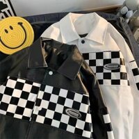 Áo Khoác Da PU kẻ caro Áo jacket nam phối hợp xu hướng rộng rãi phong cách Hàn Quốc mùa xuân thu Áo