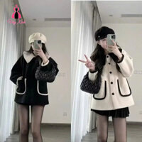 Áo khoác dạ tiểu thư, cổ sen, 2 túi màu đen, trắng, dạ 2 lớp có lót