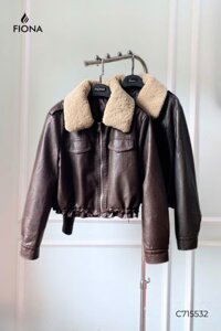 Áo khoác da trần bông, cổ lông rời, nắp túi trang trí