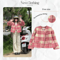 Áo khoác dạ tweed kẻ caro hồng, phối cổ tim dáng ngắn, áo dạ kẻ hồng nữ viền thừng túi trước, 2 lớp có đệm cầu vai TW003