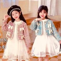 Áo Khoác Dạ Tweed Kèm Váy Trắng Dài Tay ELUY Cực Đẹp Cho Bé Gái, Set Dạ 2 Chi Tiết Cho Gái Yêu Của Ba Mẹ (Xanh - Hồng)