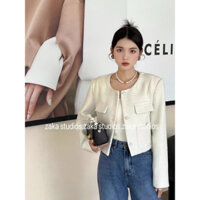 Áo khoác dạ tweed màu trắng cổ tròn dáng ngắn cúc ngọc 4 túi  tiểu thư 2 lớp dày dặn đứng form