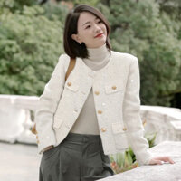 áo khoác dạ tweed nữ dáng ngắn bigsize croptop dáng dài lông hàn quốc dài big size dáng ngắn đỏ Áo khoác trắng đính sequin kiểu Pháp Áo Con Gái Nhà Giàu mẫu thu phong cách quý bà khí chất thu đông mẫu mới cho nữ