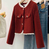 áo khoác dạ tweed nữ dáng ngắn bigsize croptop dáng dài lông hàn quốc dài big size có mũ đỏ Áo khoác màu đỏ áo ngắn phiên bản Châu Âu thịnh hành năm nay tôn dáng gầy mẫu mới thu đông cho nữ