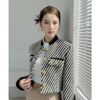 Áo khoác dạ tweed nữ dáng ngắn cổ trụ cúc đồng sang chảnh, phong cách Hàn Quốc có đệm vai- tay nhung