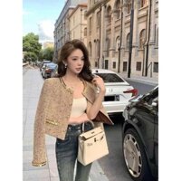 Áo khoác dạ tweed nữ viền hoa đá kim sa 2 lớp tiểu thư mùa đông