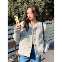 Áo khoác dạ tweed xám nhạt, Áo Khoác Dạ cổ tròn cúc đồng 2 lớp Hàng Quảng Châu Cao Cấp 003