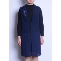 Áo khoác dài không tay phối vải màu xanh sẫm