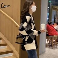 Áo khoác dài tay dáng rộng hình thoi kẻ sọc nhàn rỗi phong cách áo len Cardigan dành cho nữ